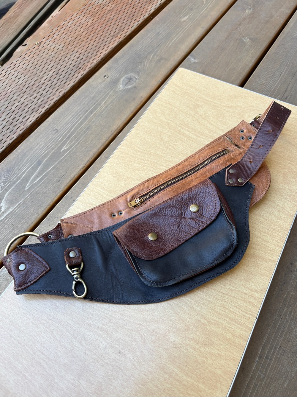 Revivall Upcycled Handmade Leather Utility Hip Belt Bag In Brown/Black Sz XS